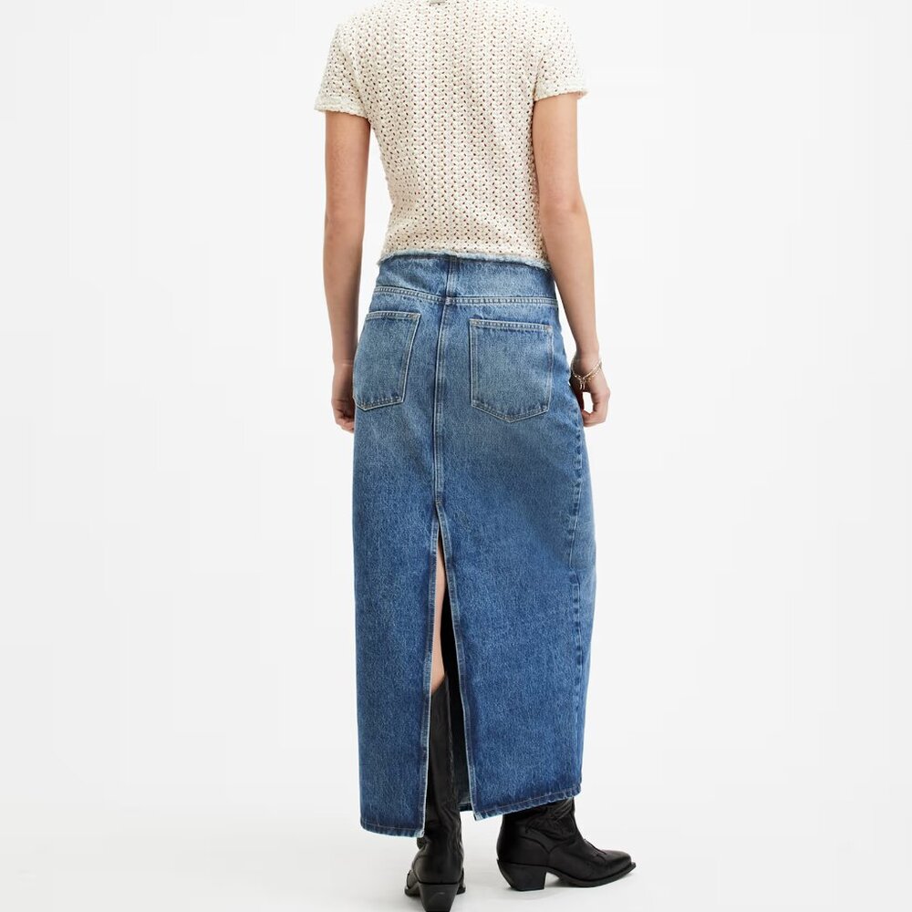 AllSaints NEW Skirt 'Cyra' Maxi Blue Denim Jean Frayed Waist Front & Back Slits - Picture 5 of 14